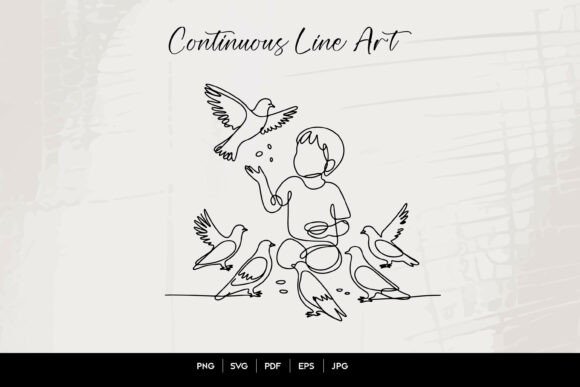 Child Feeding Birds Line Art for Crafts and Graphics