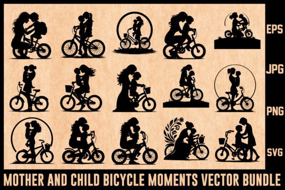Mother Child Bicycle Moments Vector for Crafts & Graphics